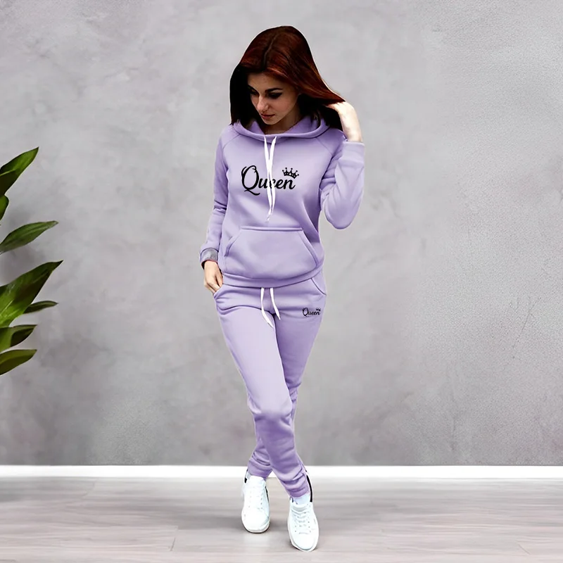Winter Clothing Outfits - Dames trainingspak met Queen-letterprint, hooded sweatshirts,